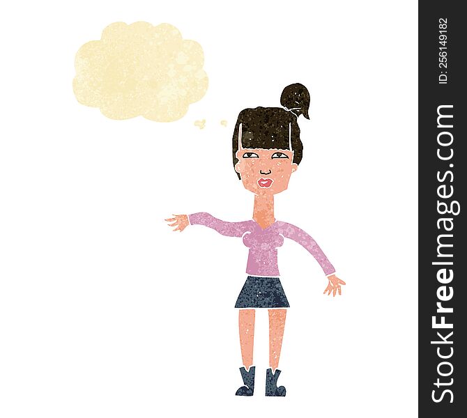 cartoon woman making dismissive gesture with thought bubble