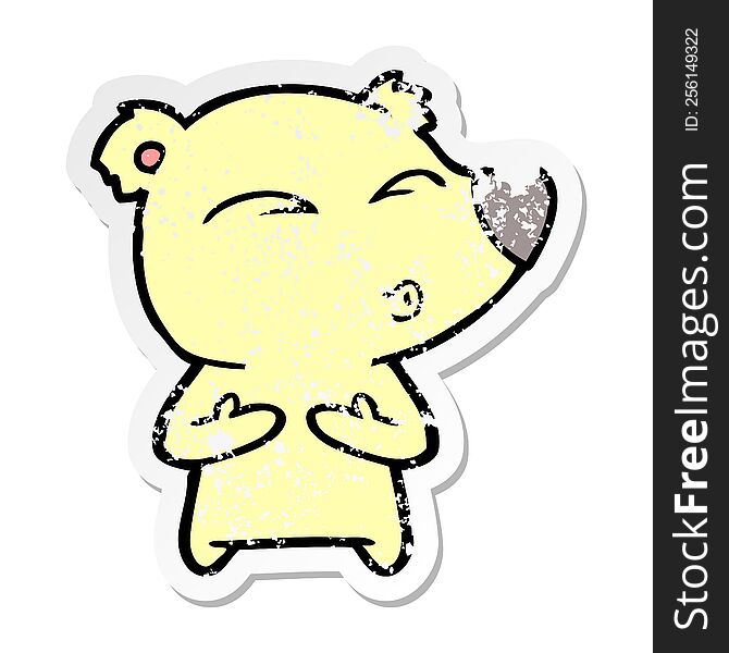 Distressed Sticker Of A Cartoon Whistling Bear