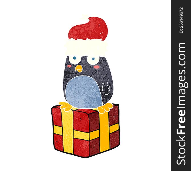 freehand retro cartoon christmas penguin