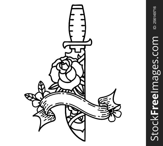 Black Linework Tattoo With Banner Of A Dagger And Flowers