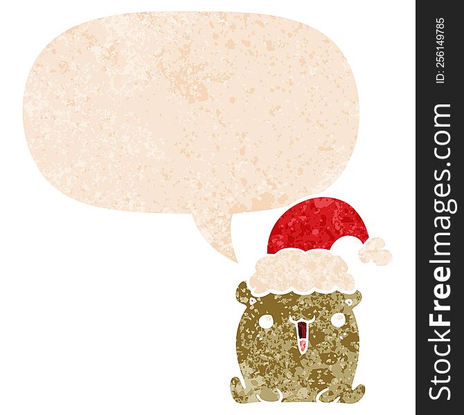 Cute Cartoon Bear With Christmas Hat And Speech Bubble In Retro Textured Style