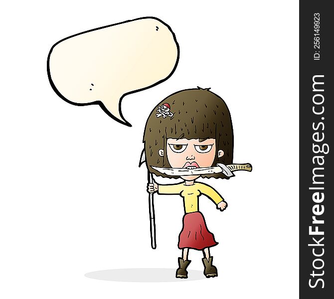 Cartoon Woman With Knife And Harpoon With Speech Bubble