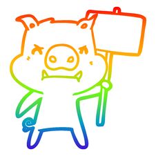 Rainbow Gradient Line Drawing Angry Cartoon Pig Protesting Stock Photography