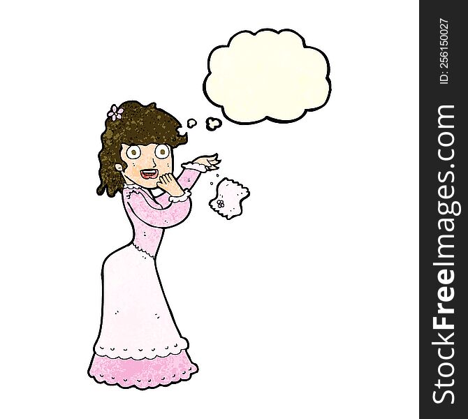 cartoon victorian woman dropping handkerchief with thought bubble