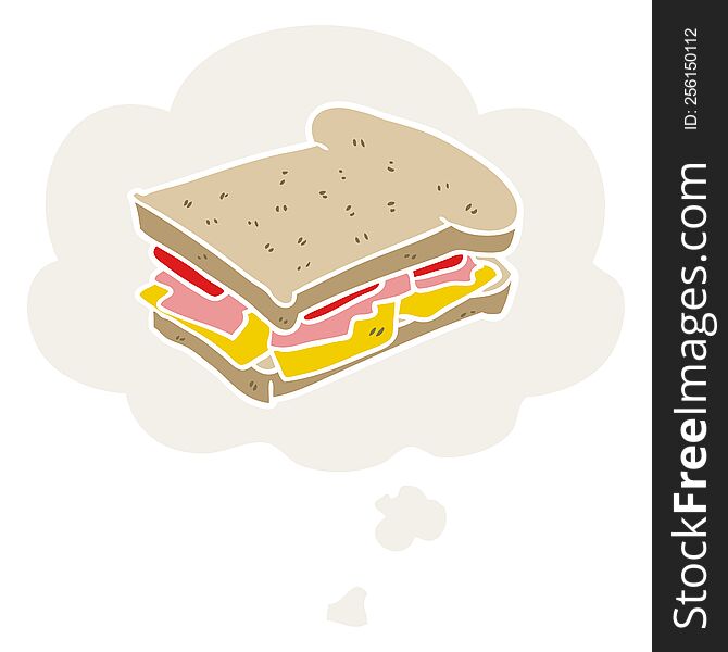 cartoon ham sandwich with thought bubble in retro style