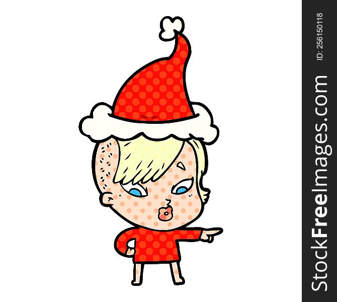 Comic Book Style Illustration Of A Surprised Girl Pointing Wearing Santa Hat
