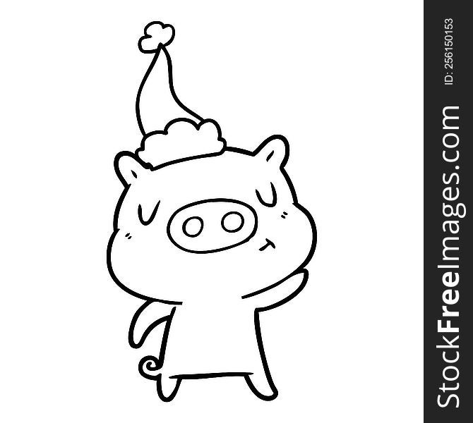 Line Drawing Of A Content Pig Wearing Santa Hat