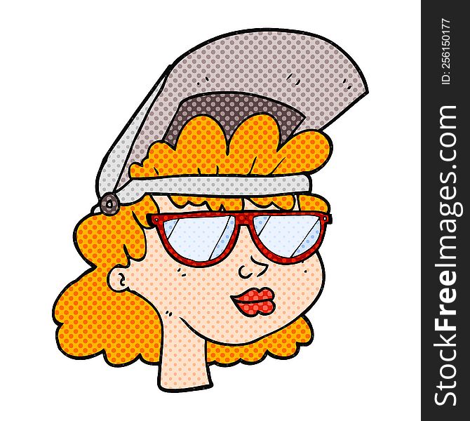 Freehand drawn cartoon woman with welding mask and glasses