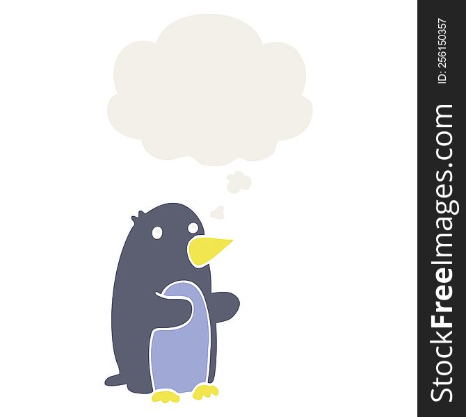 cartoon penguin with thought bubble in retro style