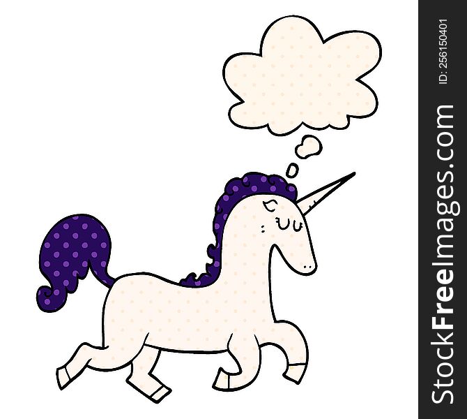cartoon unicorn with thought bubble in comic book style