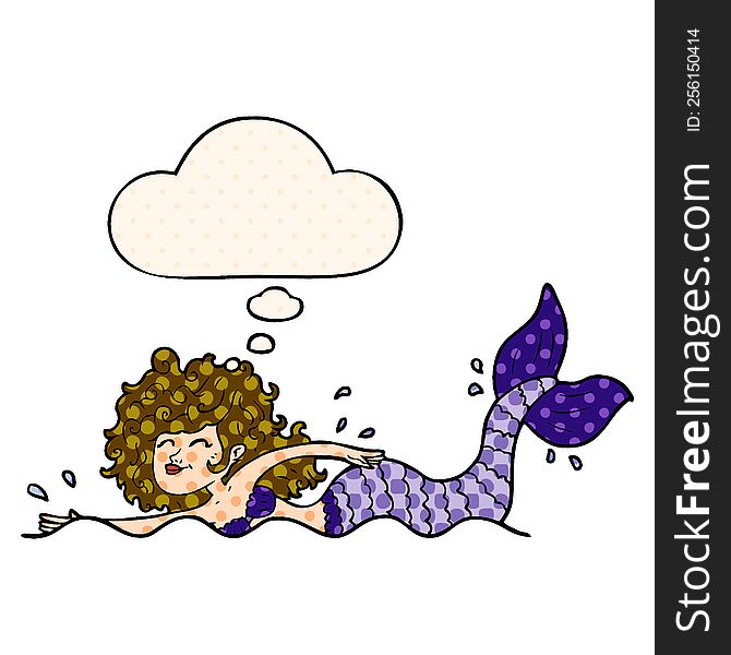 Cartoon Mermaid And Thought Bubble In Comic Book Style