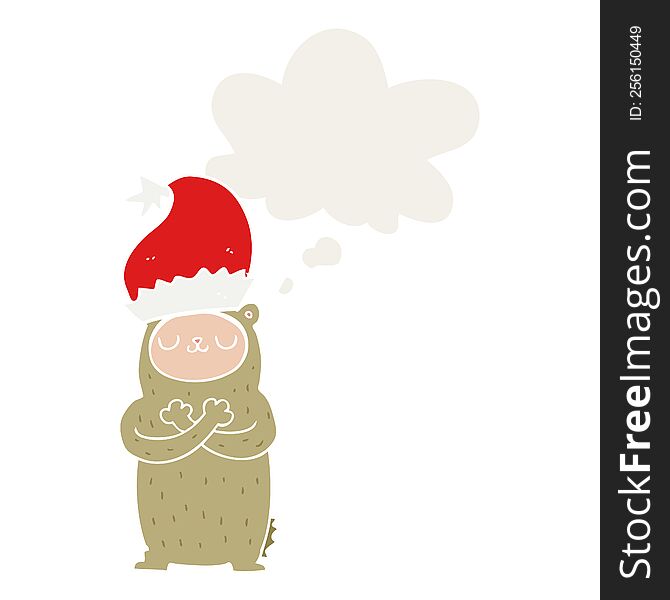 cartoon bear wearing christmas hat with thought bubble in retro style