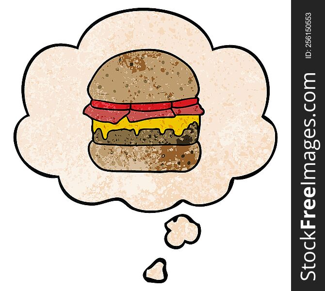 Cartoon Burger And Thought Bubble In Grunge Texture Pattern Style