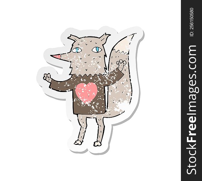 Retro Distressed Sticker Of A Cartoon Wolf With Love Heart Tee