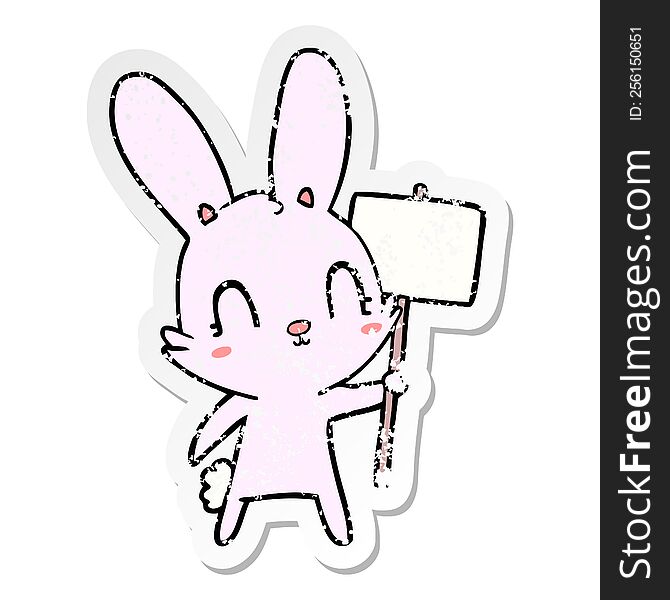Distressed Sticker Of A Cute Cartoon Rabbit With Sign