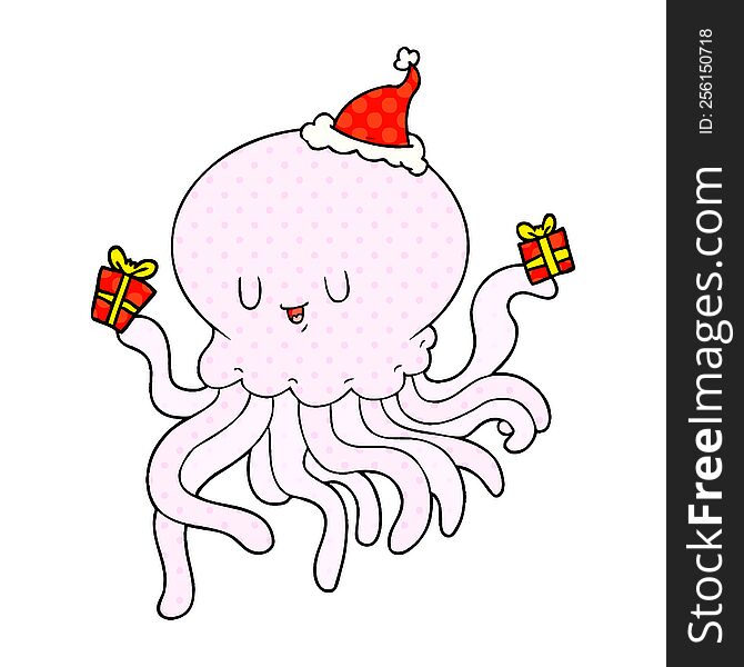 comic book style illustration of a jellyfish in love wearing santa hat