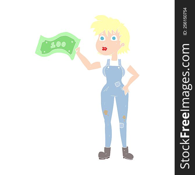 flat color illustration of a cartoon confident farmer woman with money