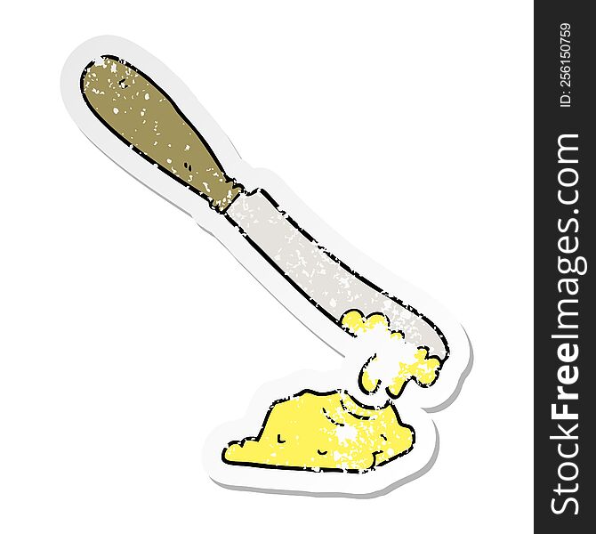 Distressed Sticker Of A Cartoon Knife Spreading Butter