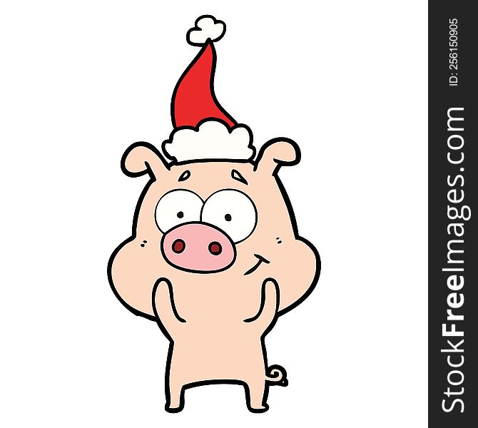 Happy Line Drawing Of A Pig Wearing Santa Hat