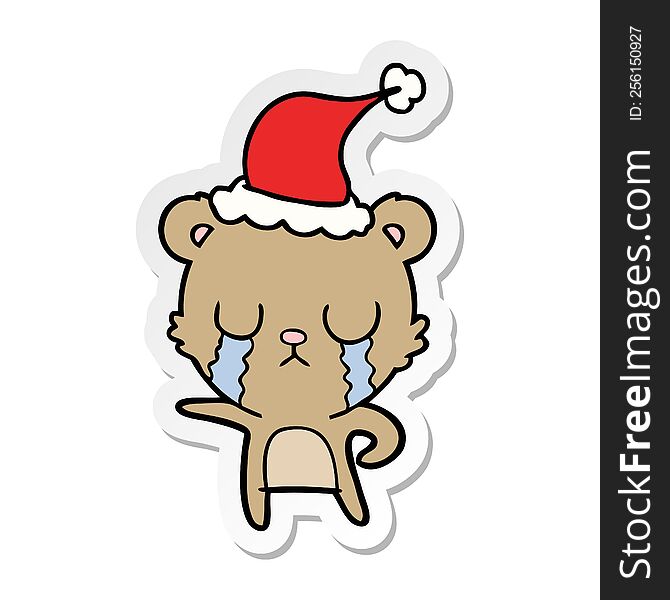 crying hand drawn sticker cartoon of a bear wearing santa hat. crying hand drawn sticker cartoon of a bear wearing santa hat