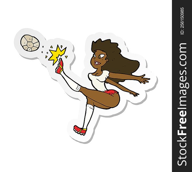 sticker of a cartoon female soccer player kicking ball