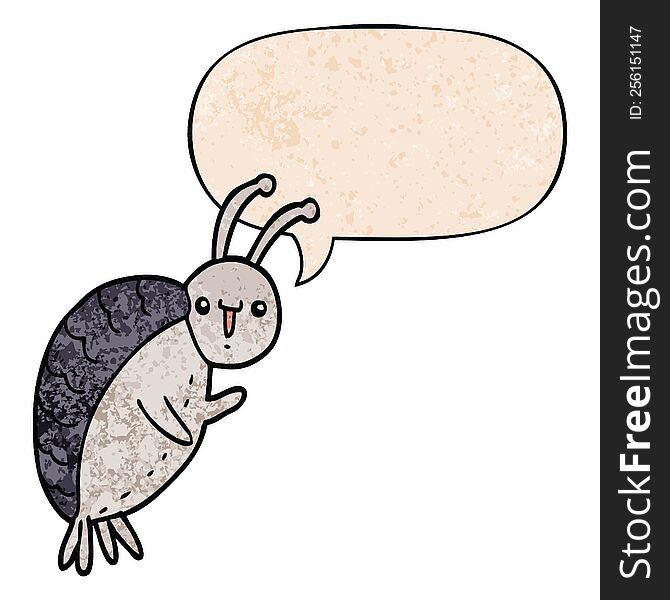 cartoon beetle with speech bubble in retro texture style