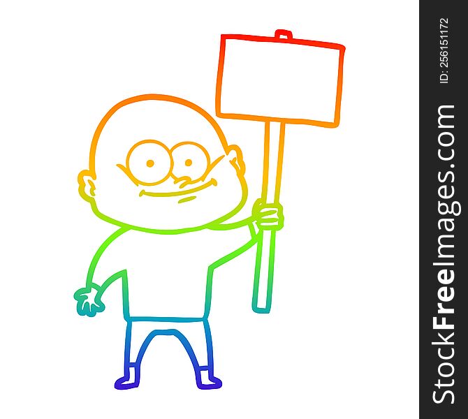rainbow gradient line drawing of a cartoon bald man staring with sign