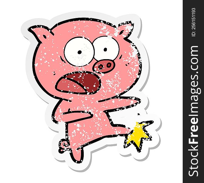 Distressed Sticker Of A Cartoon Pig Shouting And Kicking