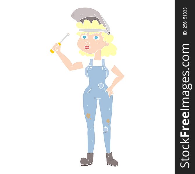 Flat Color Illustration Of A Cartoon Female Mechanic