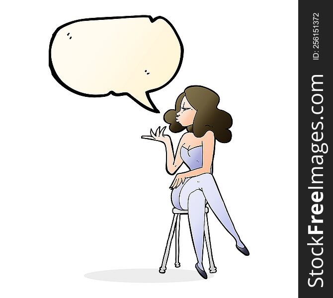 cartoon woman sitting on bar stool with speech bubble