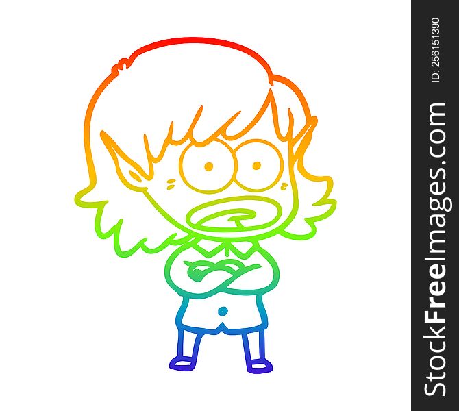 Rainbow Gradient Line Drawing Cartoon Shocked Elf Girl