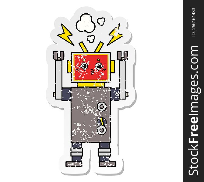 distressed sticker of a cute cartoon robot malfunction