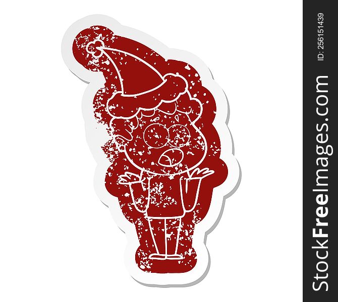 quirky cartoon distressed sticker of a man gasping in surprise wearing santa hat