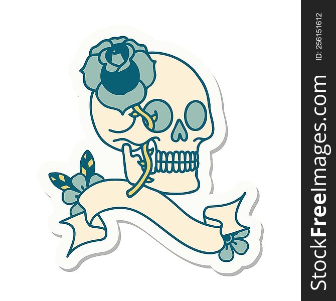 tattoo style sticker with banner of a skull and rose