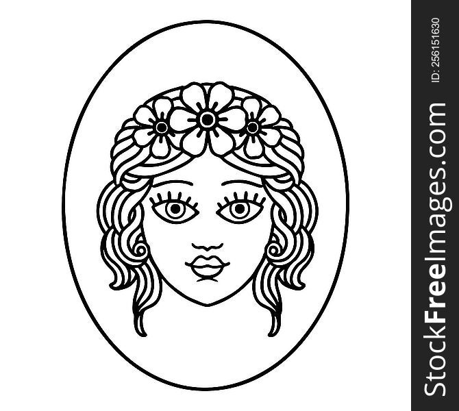 tattoo in black line style of a maiden with crown of flowers. tattoo in black line style of a maiden with crown of flowers