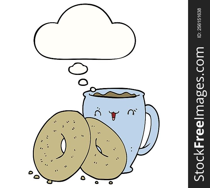 cartoon coffee and donuts with thought bubble