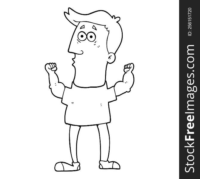 freehand drawn black and white cartoon surprised man flexing biceps