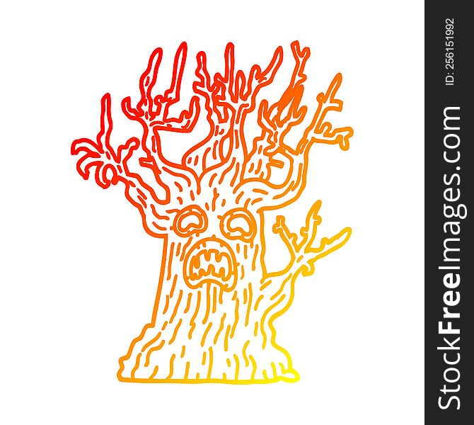 warm gradient line drawing of a cartoon spooky tree