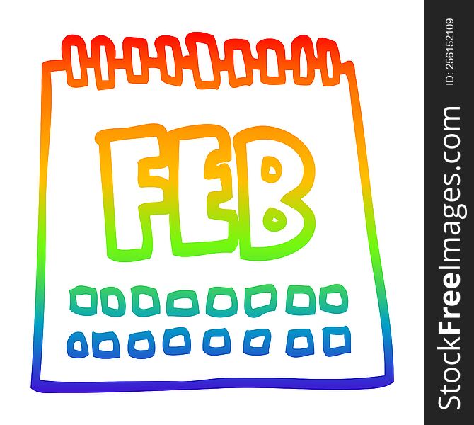 rainbow gradient line drawing of a cartoon calendar showing month of february