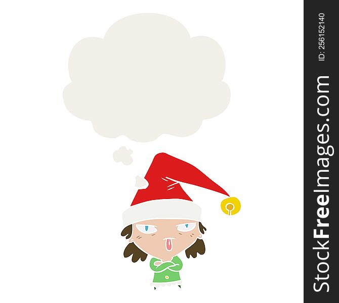 Cartoon Girl Wearing Christmas Hat And Thought Bubble In Retro Style