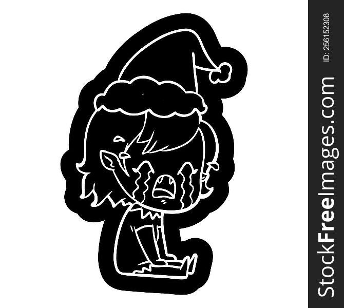 Cartoon Icon Of A Crying Vampire Girl Wearing Santa Hat