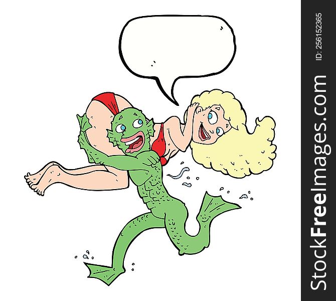 Cartoon Swamp Monster Carrying Girl In Bikini With Speech Bubble