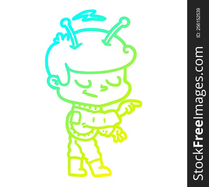 Cold Gradient Line Drawing Friendly Cartoon Spaceman Pointing