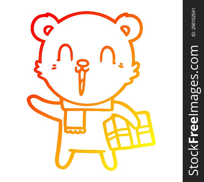 warm gradient line drawing happy cartoon bear with gift