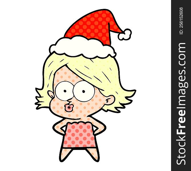 hand drawn comic book style illustration of a girl pouting wearing santa hat