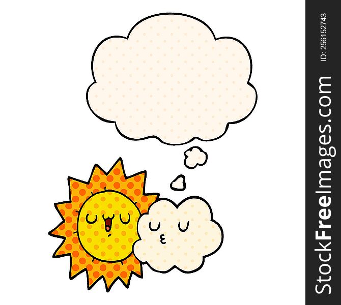 cartoon sun and cloud with thought bubble in comic book style