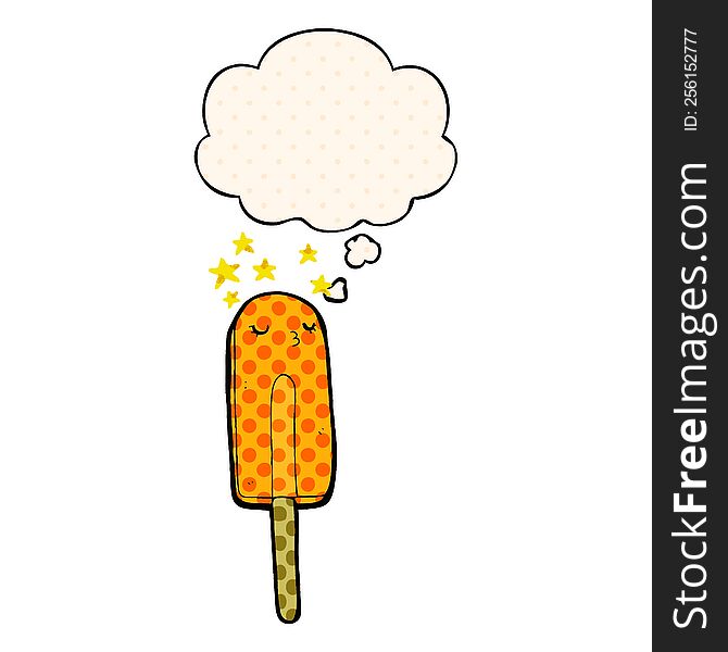 cartoon ice lolly with thought bubble in comic book style