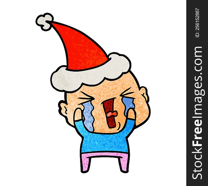 Textured Cartoon Of A Crying Bald Man Wearing Santa Hat