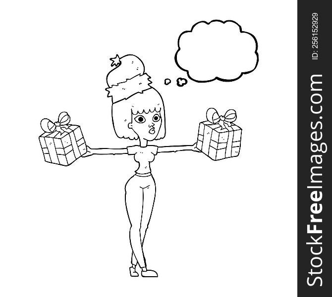 thought bubble cartoon woman with xmas presents