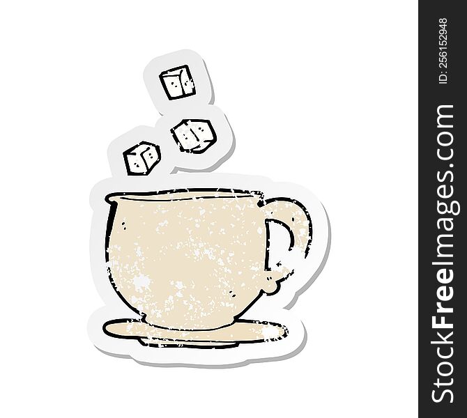 Retro Distressed Sticker Of A Cartoon Teacup With Sugar Cubes